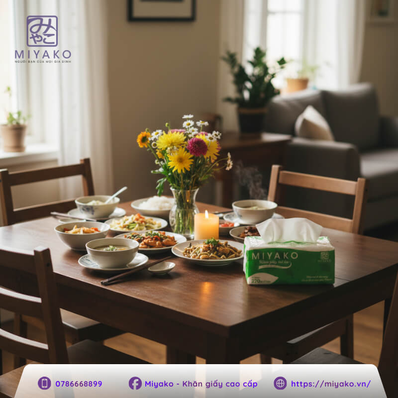 Khăn giấy rút lụa Miyako cao cấp trang trí trên bàn tiệc 8/3 tại nhà