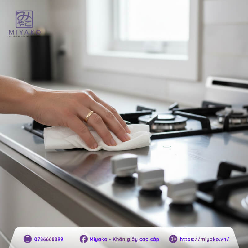 Lau mặt bếp ga sạch dầu mỡ bằng khăn giấy