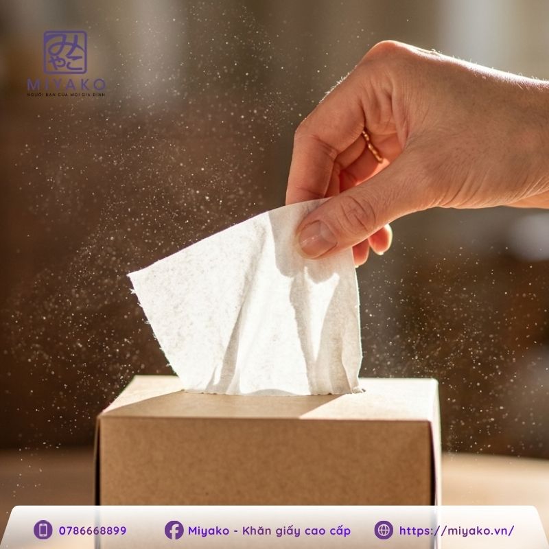 Bụi giấy bay lơ lửng trong không khí khi rút khăn giấy