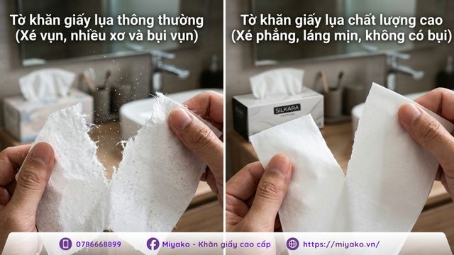 So sánh bụi giấy giữa khăn giấy chất lượng kém và khăn giấy không bụi