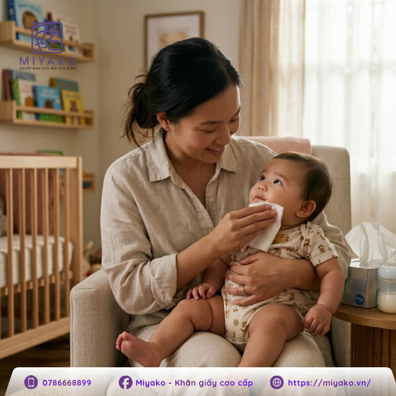 Sử dụng khăn giấy sạch khi chăm sóc trẻ nhỏ