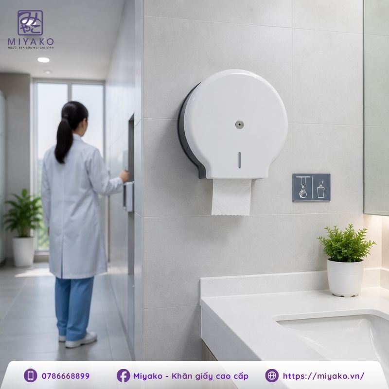 Giấy vệ sinh cuộn lớn giúp đáp ứng nhu cầu sử dụng liên tục tại các khu vệ sinh trong bệnh viện