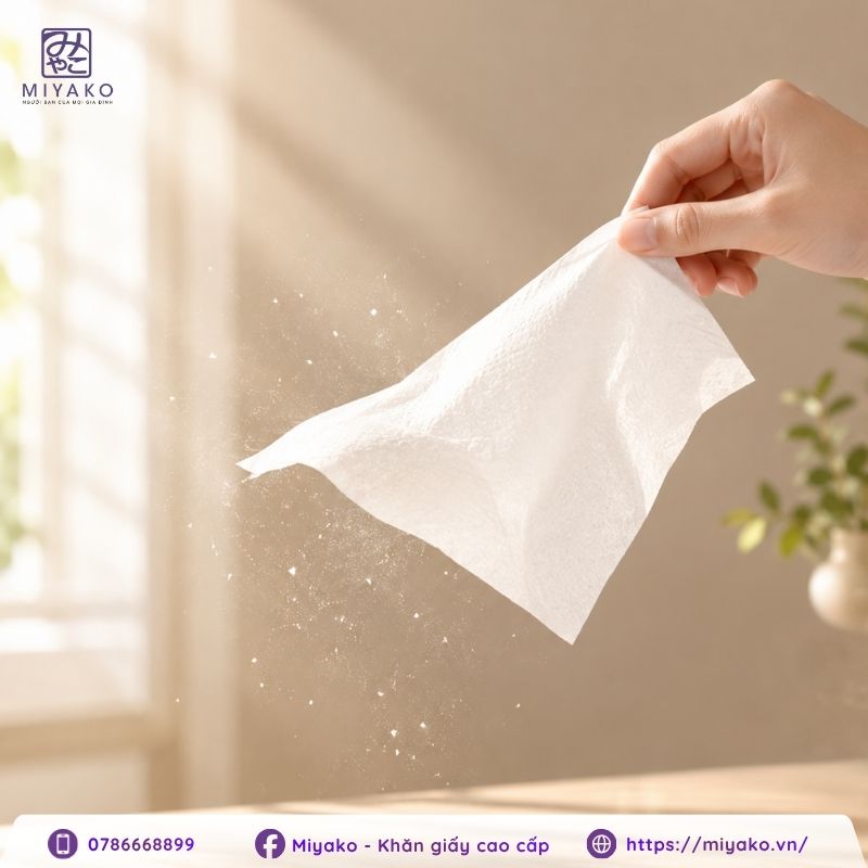 Vẫy khăn giấy dưới ánh sáng để kiểm tra bụi giấy