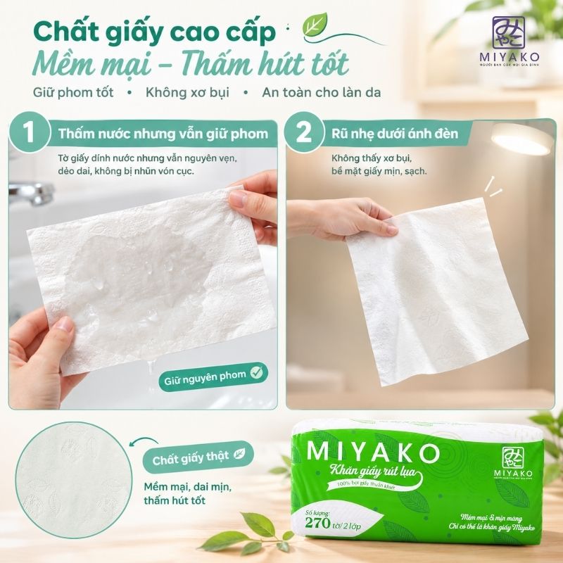 Cách nhận biết khăn giấy lụa bột nguyên sinh qua độ dai khi gặp nước